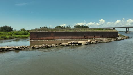 Aerial-point-of-interest-view-of-Fort-Poke-on-Lake-Catherine,-Louisiana