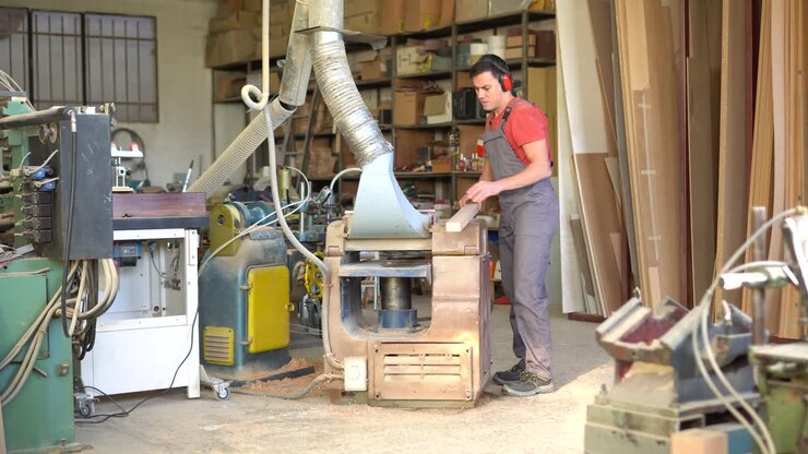 Falegname che aziona macchinari per la lavorazione del legno in un laboratorio.