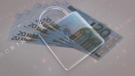 animation von zahlen und sicherheitsschloss über fallenden euro-banknoten