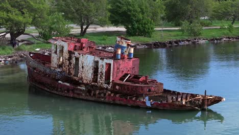 old red rusty wrecked boat in a river, telephoto aerial orbit, vessel decay