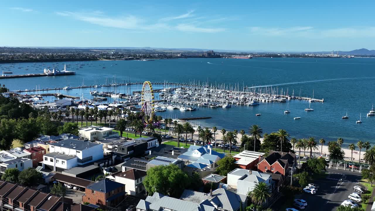 Yachts and boats at Geelong pier drone footage