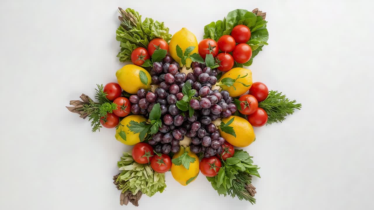 La telecamera si avvicina a un tavolo bianco, mostrando uva, limoni, pomodori ed erbe aromatiche per la loro consistenza.