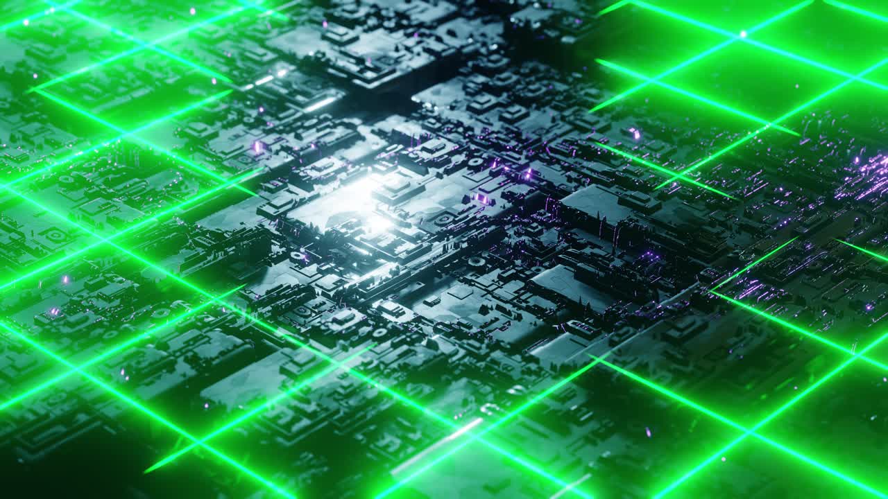 4K video animation. Electronic circuit motherboard with glowing flowing lights.