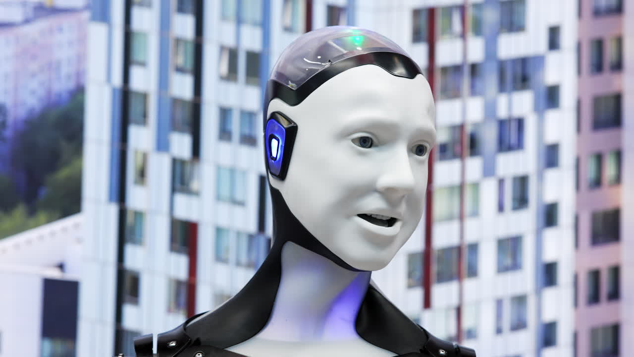 Close-up of a human-like robot's head and upper body