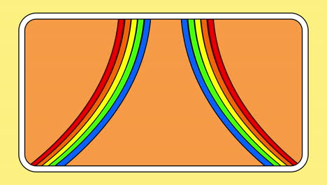 animación de dos conjuntos de rayas de arco iris que se mueven sobre un fondo naranja con marco blanco y amarillo
