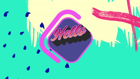 animatie van hallo-tekst over kleurrijke afbeeldingen en vormen