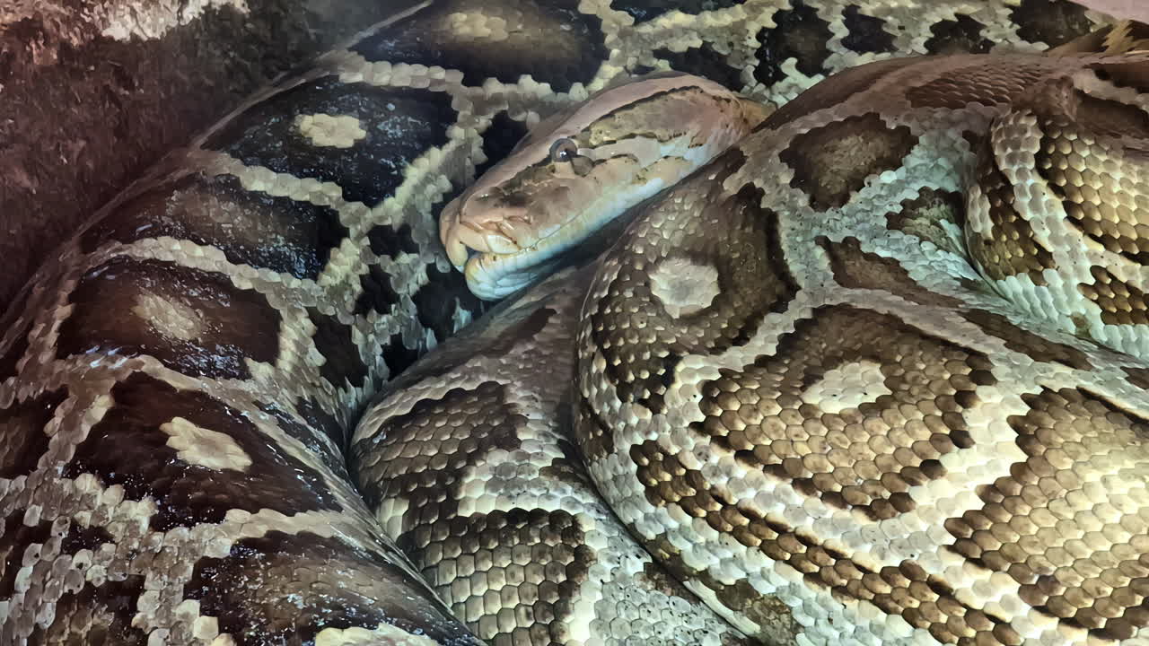 Giant python snake curled up and resting - isolated close up