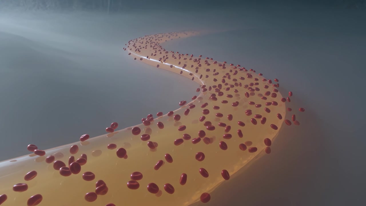 Flowing amber channel carrying red disks in misty lab, camera dolly approaching, revealing detail