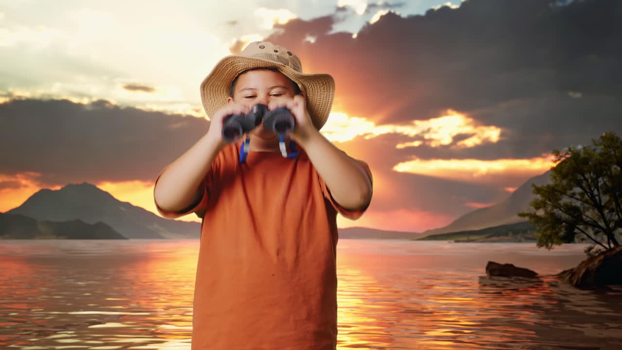 un niño asiático con un sombrero se limpia la cara sudorosa después de mirar a través de los binoculares. un niño investigador examina algo en un lago, concepto de aventura de turismo de viaje
