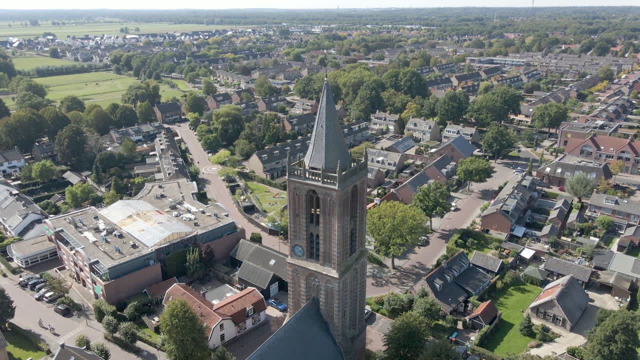 Aerial View of a Dutch Village with Church Tower