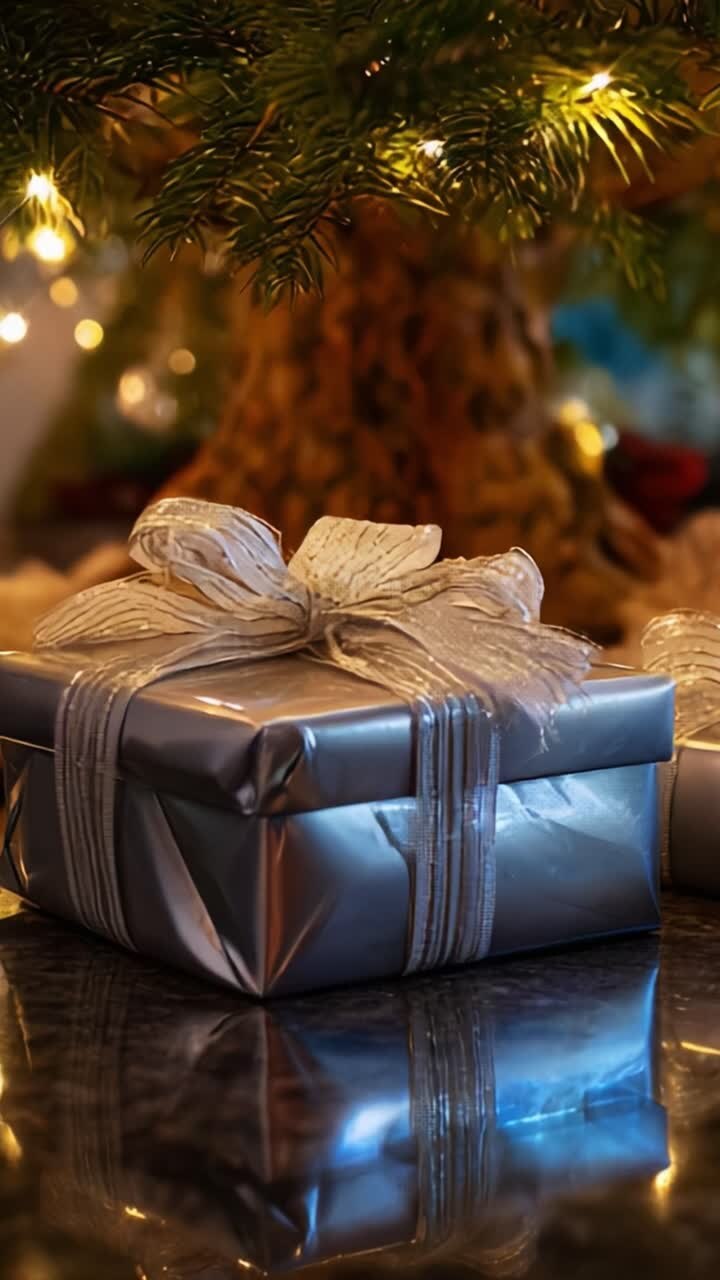 A beautifully wrapped silver gift box with an elegant white ribbon, sitting under a shimmering Christmas tree adorned with glistening lights, evoking the warmth of holiday celebrations and giving