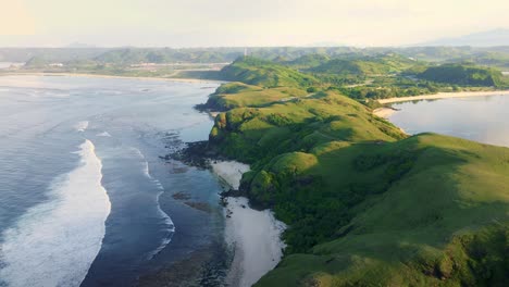 Beautiful-aerial-view-of-the-tropical-coast-from-Merese-Hill,-Lombok