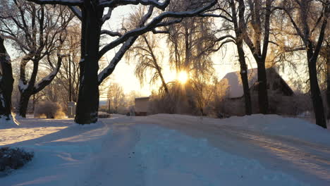 scenic snowy farmhouse driveway with glowing sunset shining between tree branches in winter