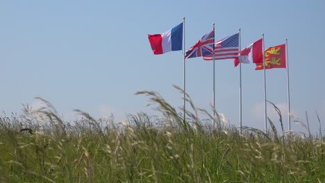 the flags of france great britain the us canada and normandy fly over the world war two site of the d-day landings