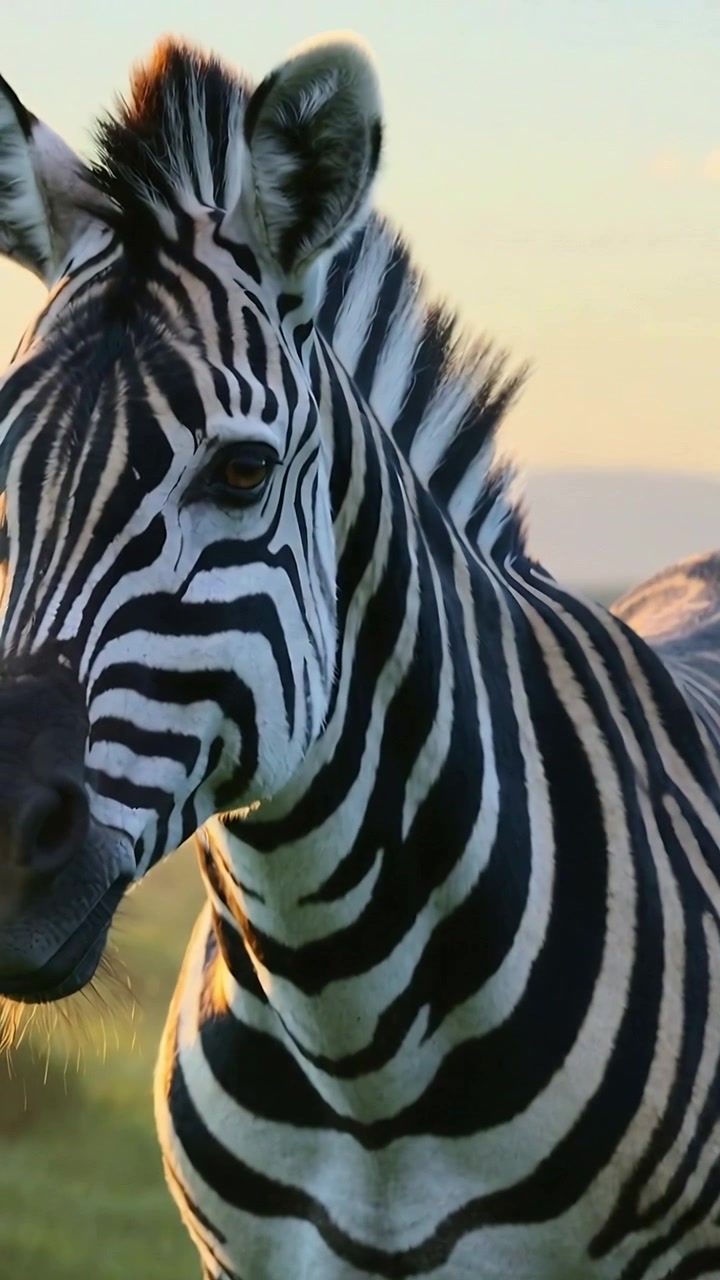 Video verticale: Zebra delle pianure che pascola, vista da vicino al muso, che alza la testa nell'erba calda.