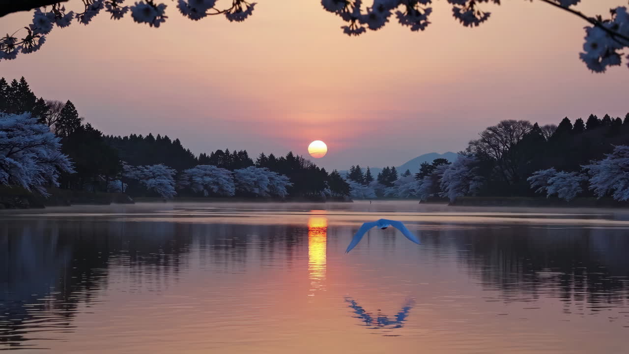 체리 꽃과 날아다니는 새와 함께 호수 위의 해가 뜨는 모습