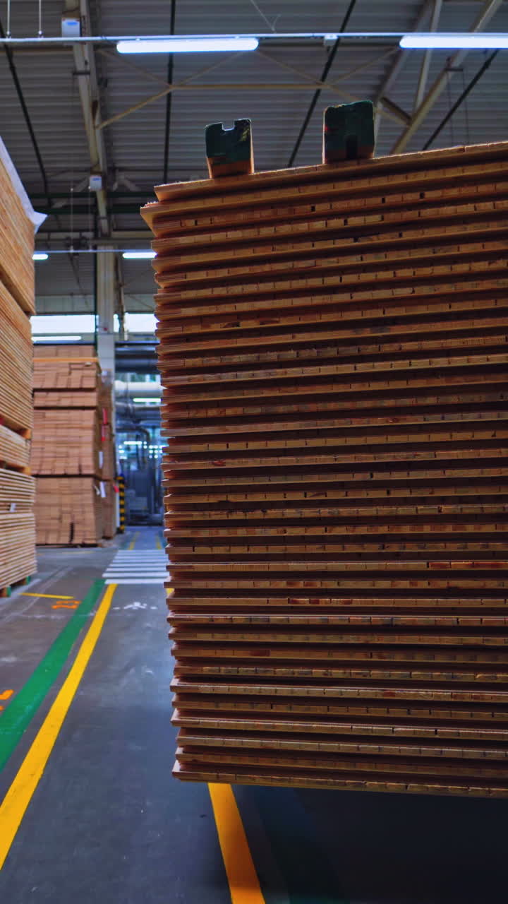 Interior of a plant for wooden production. Factory for parquet board. View from truck carrying plywood indoors. Vertical video