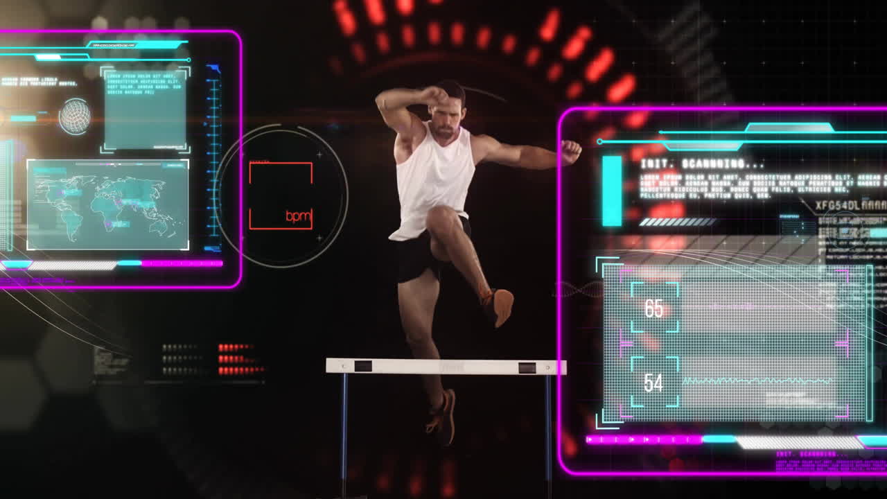 animación de pantallas con procesamiento de datos sobre hombre afroamericano corriendo