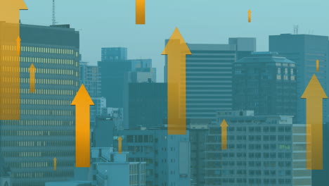 animation of multiple yellow arrow icons moving upwards against aerial view of cityscape