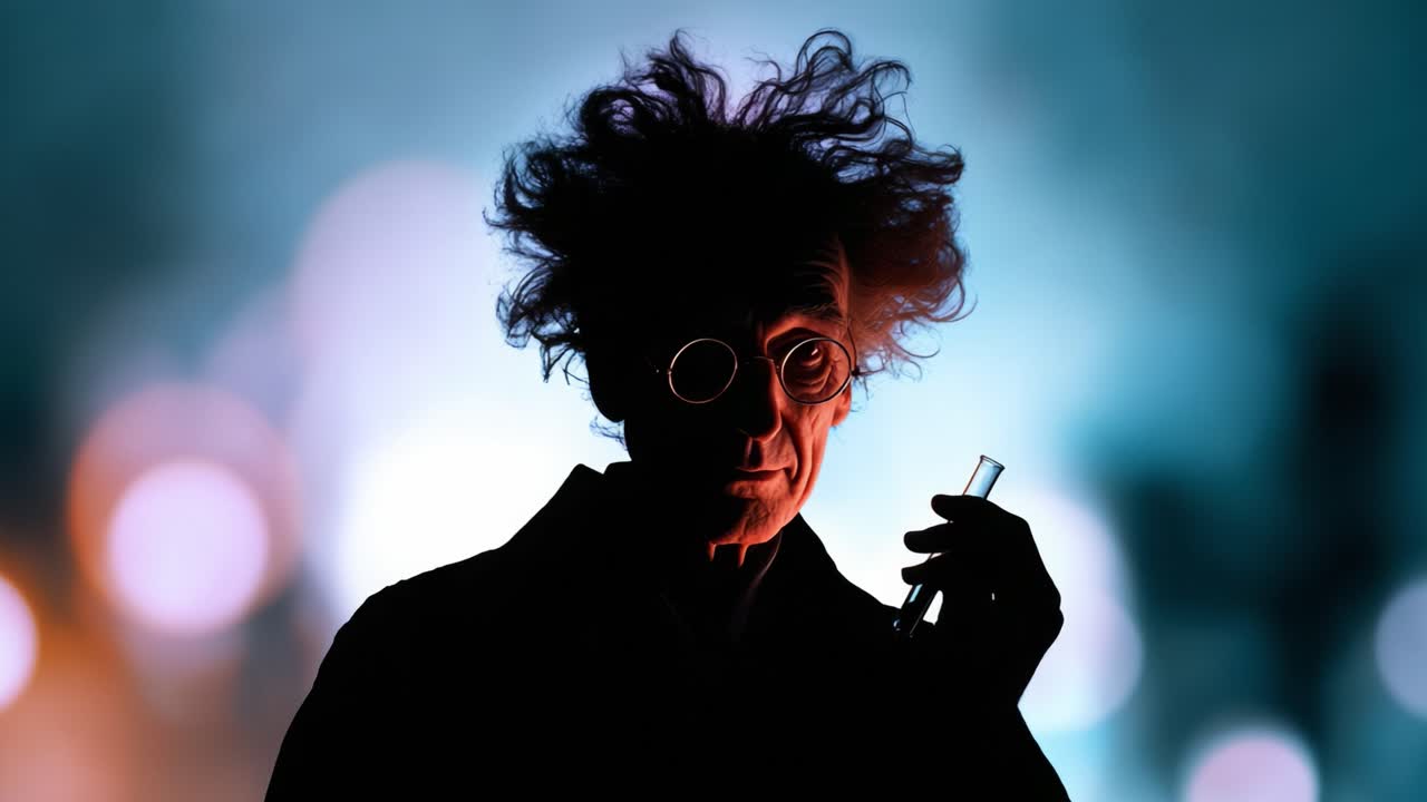 A Mysterious Scientist with Wild Hair Experiments in a Colorful Laboratory, Holding a Test Tube and Surrounded by a Dreamlike Atmosphere of Light and Shadows