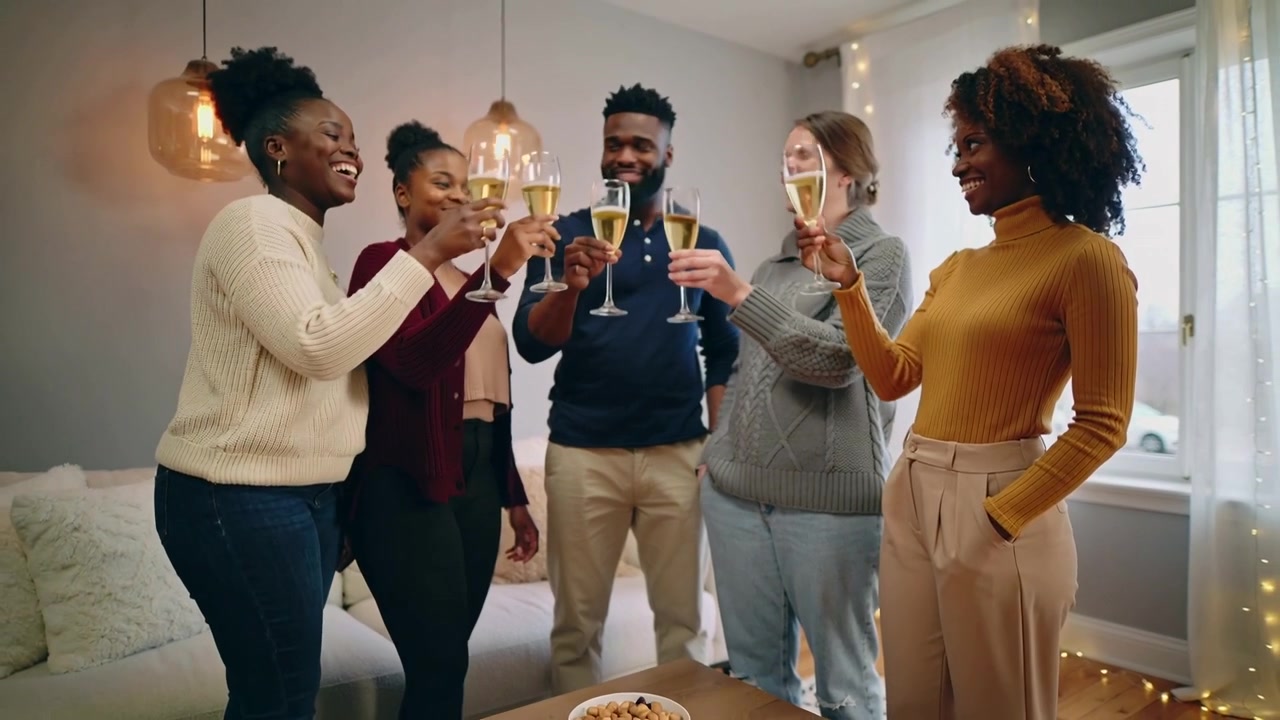 Raising flutes, five adults in sweaters toasting and celebrating in cozy living room, with snacks