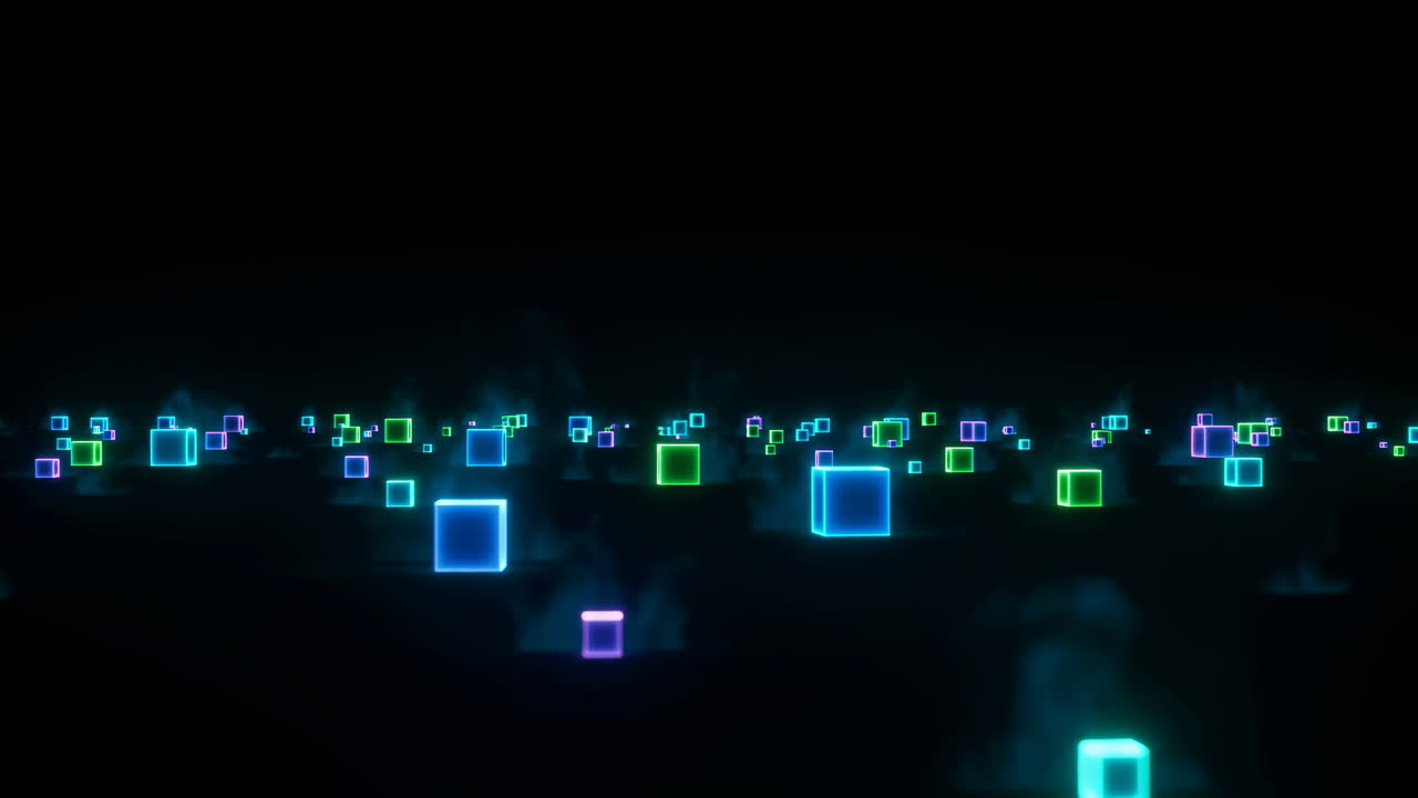 Glowing Neon Cubes On Dark Horizon, Endless Digital Grid Of Pulsing Nodes And Floating Arrays Emits Cyan
