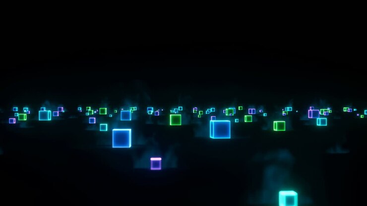 Glowing Neon Cubes On Dark Horizon, Endless Digital Grid Of Pulsing Nodes And Floating Arrays Emits Cyan