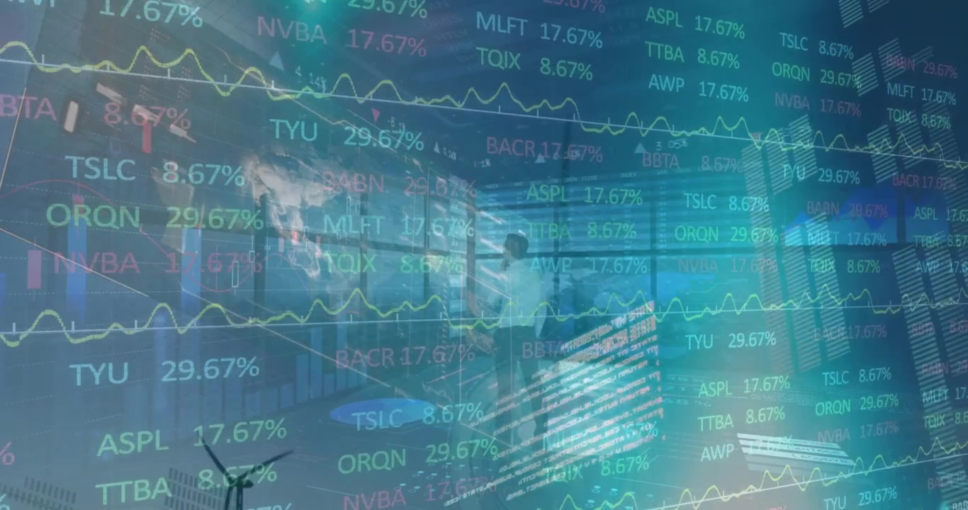 Animazione di elaborazione dati del mercato azionario su mulino a vento che gira con uomo d'affari pensieroso