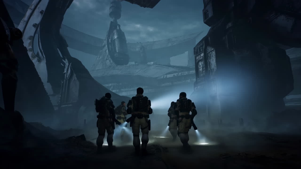 Helmeted Soldiers Traverse Derelict Orbital Ruin With Flashlights Cutting Through Fog, Patrol Moves