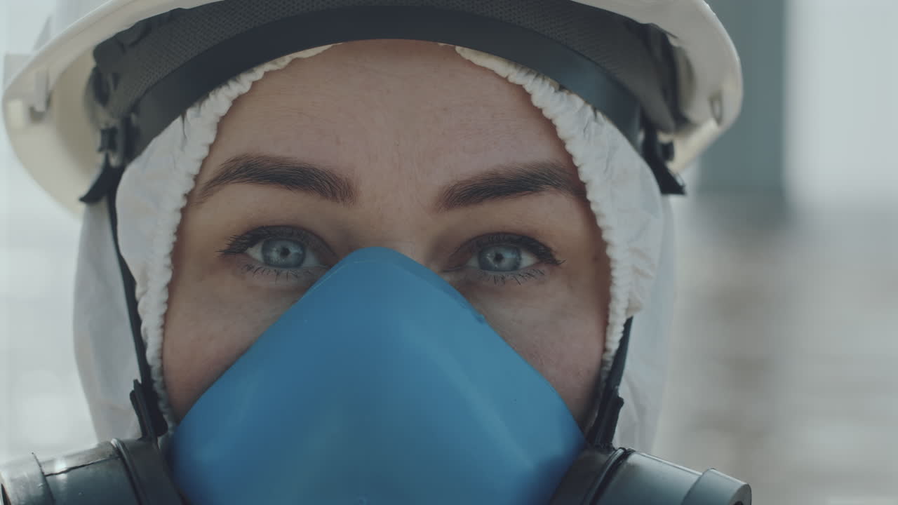 Portrait of Female Ecologist in Protective Wear and Respiratory Mask