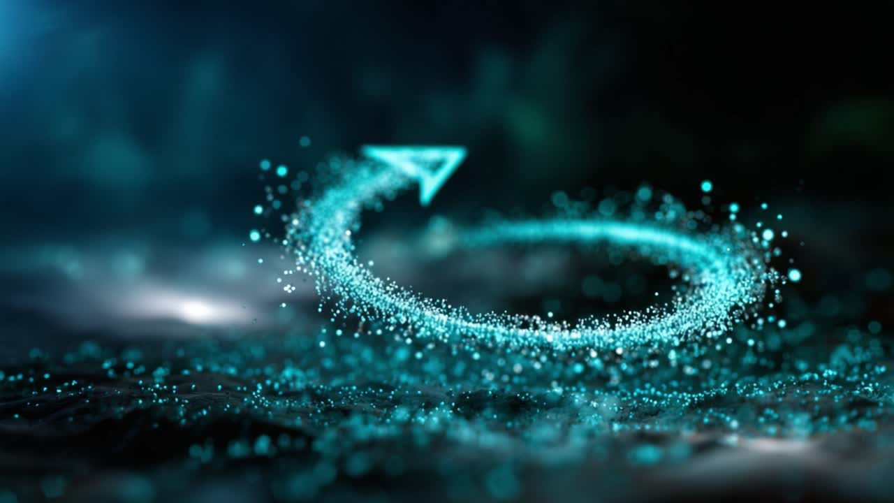 A mesmerizing animation of an aqua arrow swirling through a cloud of glowing particles, creating a captivating visual effect reminiscent of tranquility and motion