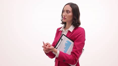 professional businesswoman in pink blazer presenting data