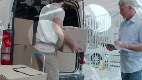 animación del procesamiento de datos sobre el hombre empacando cajas en el coche