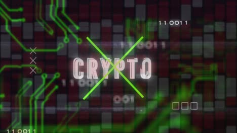 Animation-of-crypto-text,-x-symbol,-circuit-board-texture-over-red-and-white-bars-in-background