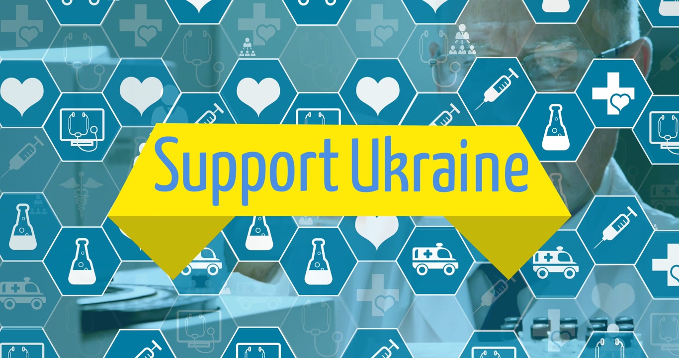 Animation of medical icons and support ukraine text over caucasian male scientist in lab
