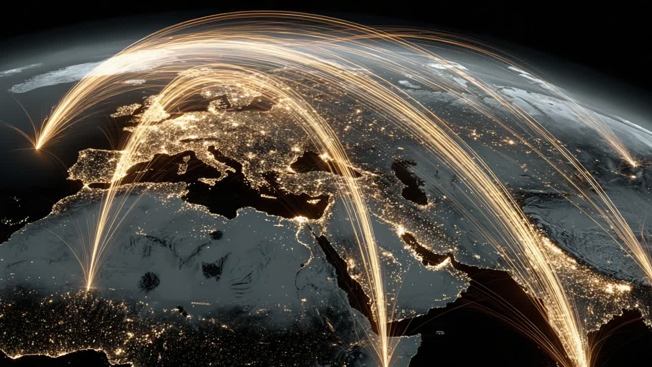 Luminous data streams representing global communication, finance, and trade routes flying between cities across Europe, Africa, and the Middle East, viewed from space on a realistic Earth
