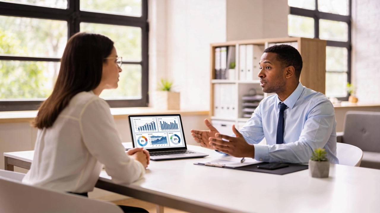 Explaining right man blue shirt dark tie being prompted by laptop charts at office, woman listening