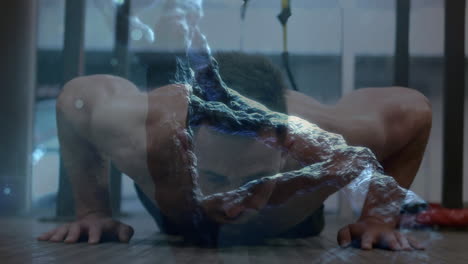 animación de una cadena de adn sobre un hombre musculoso haciendo ejercicio