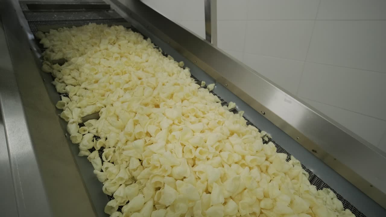 la línea de producción de la fábrica mueve las patatas fritas doradas después de freír. línea de fabricación de la fábrica de pasta