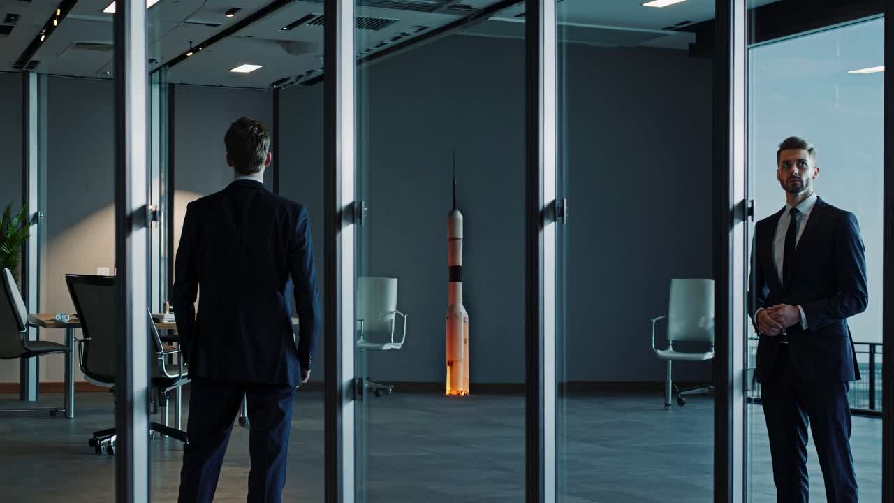 hombres de negocios presenciando un lanzamiento de cohete desde dentro de una oficina