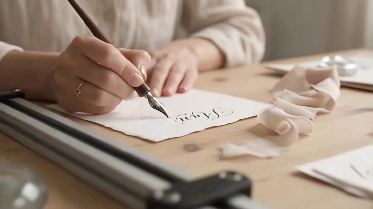 Calligrapher Writing Elegant Names on Paper with Ink Pen