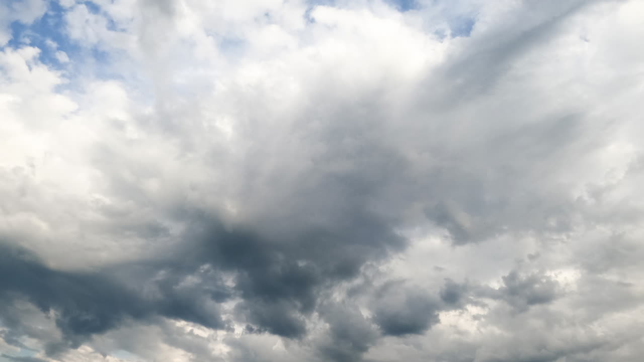 Grey dull cloudscape moving in the sky. Stormy clouds shaded the horizon. Low angle view. Timelapse.