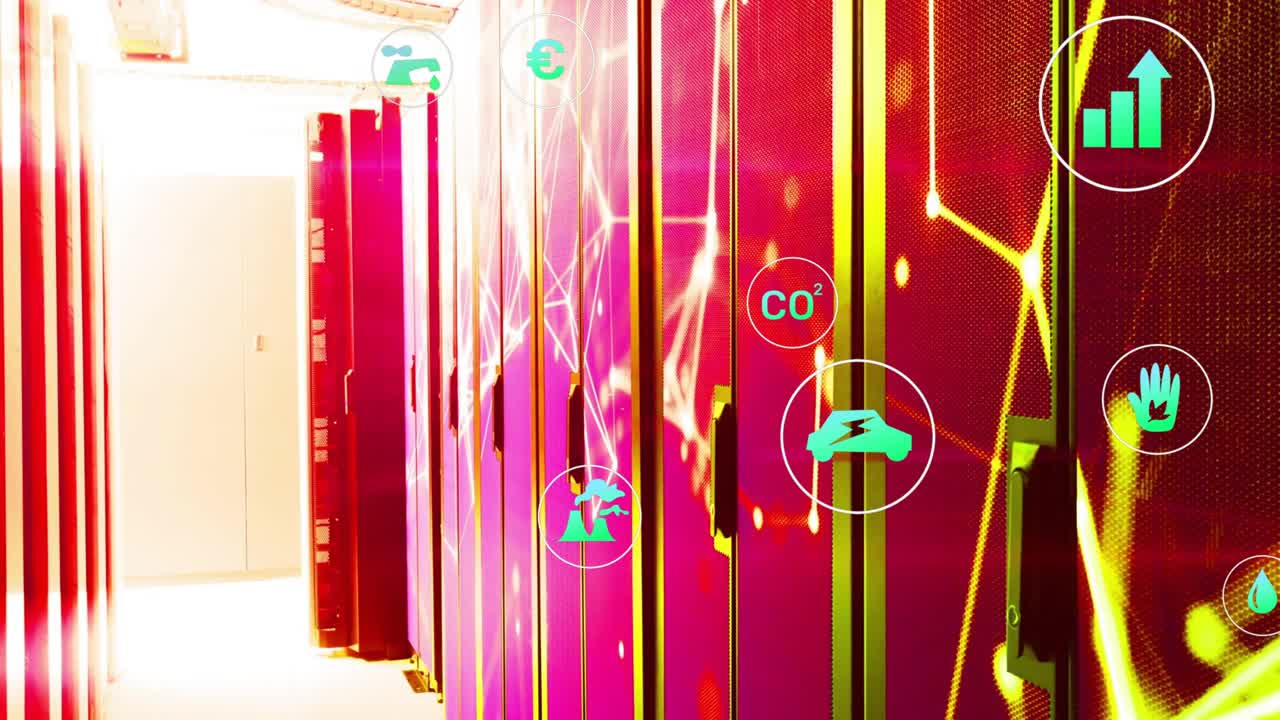 At start network pulsing magenta-yellow cabinets, teal icons fading and pulsing showing eco metrics