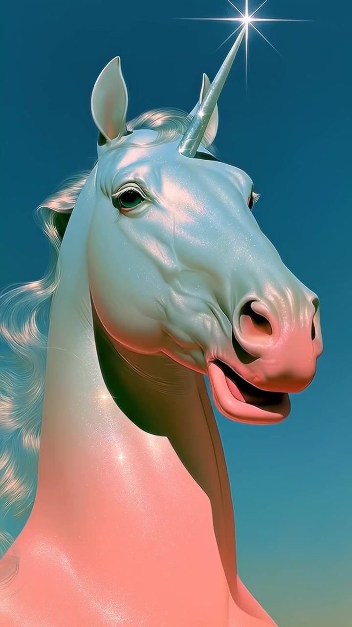 Close-up of a Majestic Iridescent Unicorn Against a Blue Sky