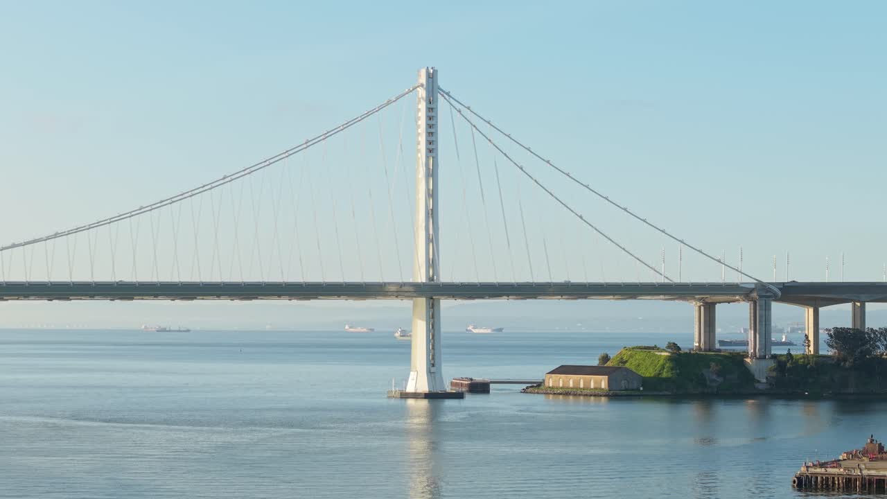 A static aerial view of the San Francisco Bay Bridge from Treasure Island.
