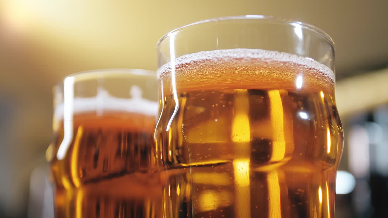 Due bicchieri di birra dorata con schiuma e bollicine