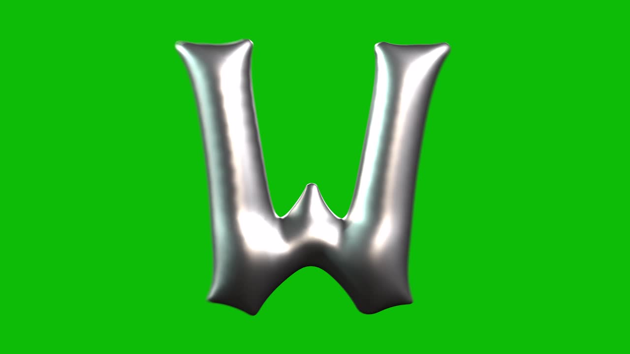 Silver Foil balloon letter W inflates, spins, and reveals on green screen in 3D animation. Ideal for celebrations, parties, birthdays, and video editing projects
