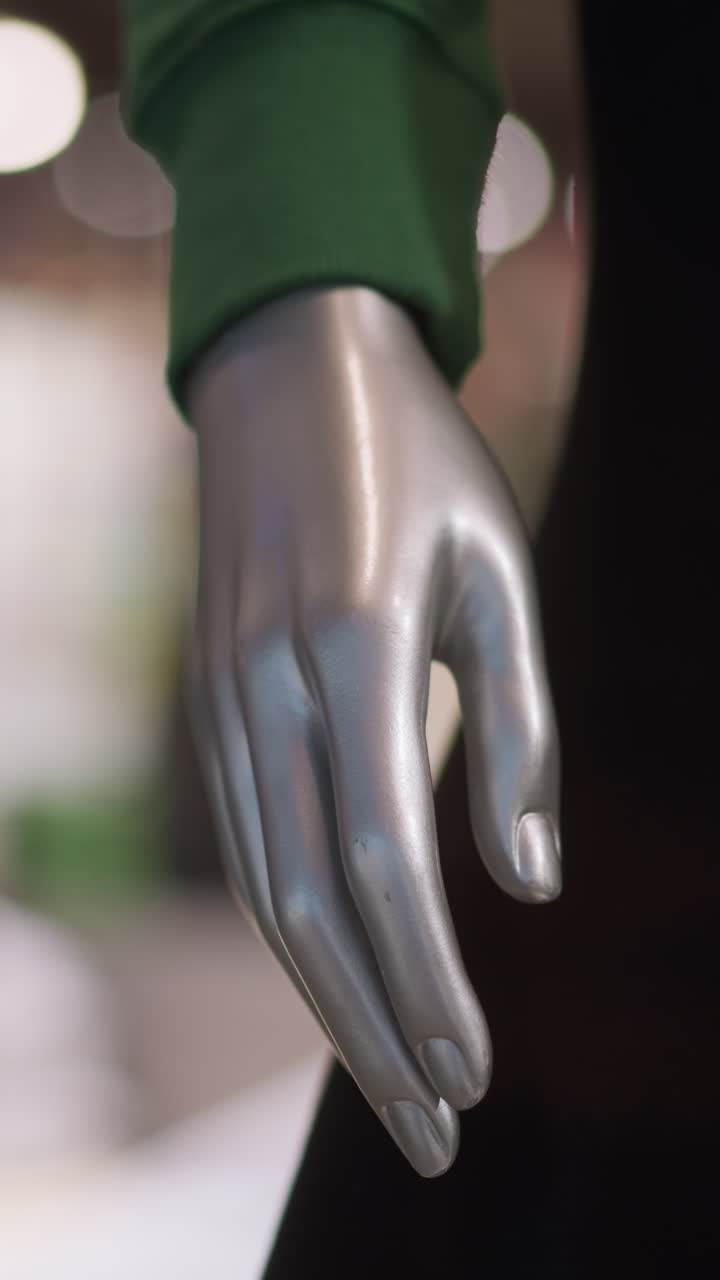 vista en primer plano de una mano de maniquí plateado vestida con pantalones negros y manga verde, contra un fondo borroso que muestra un objeto borroso