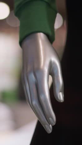 vista en primer plano de una mano de maniquí plateado vestida con pantalones negros y manga verde, contra un fondo borroso que muestra un objeto borroso