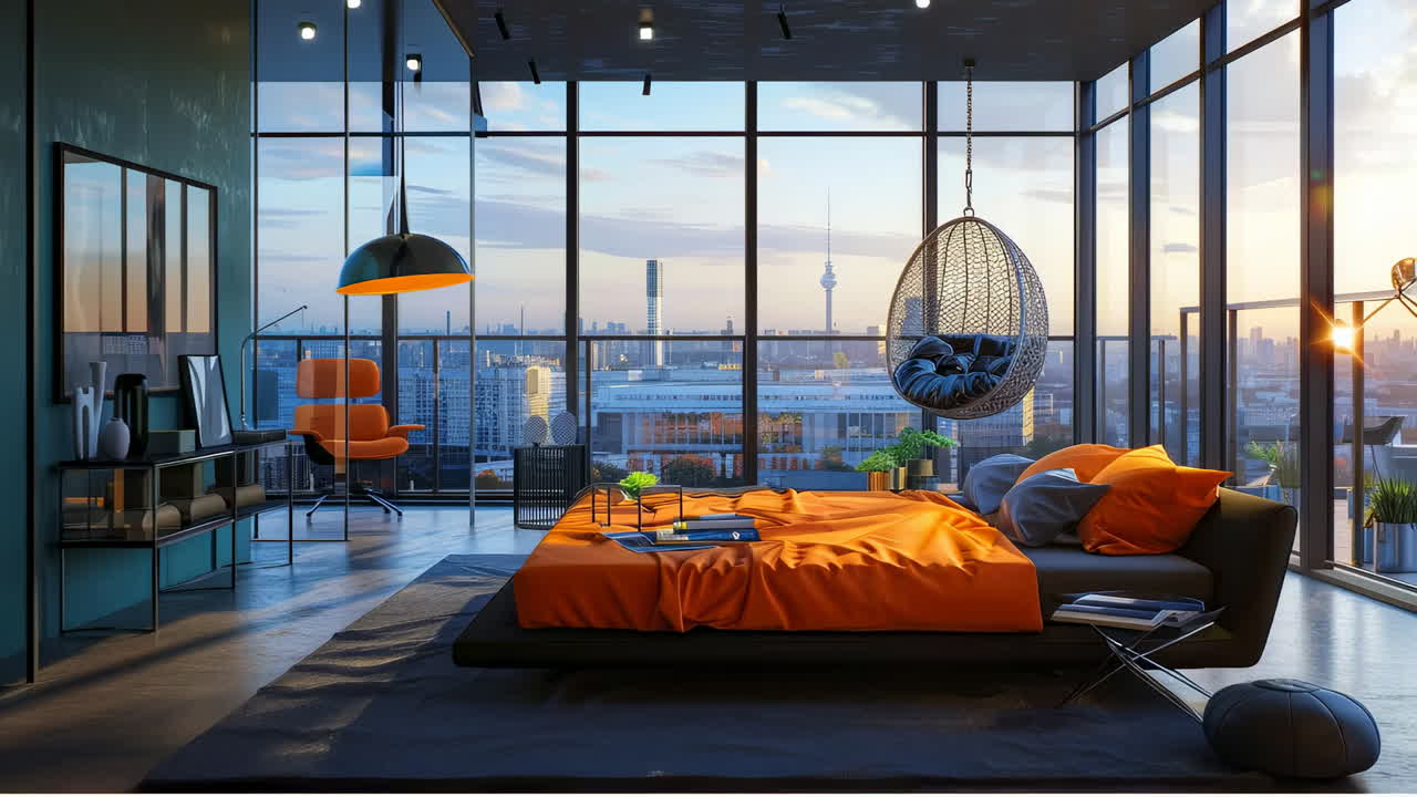 Stylish urban bedroom with sunset view. Modern bedroom with large windows displaying a sunset over the city skyline for a cozy, elegant vibe